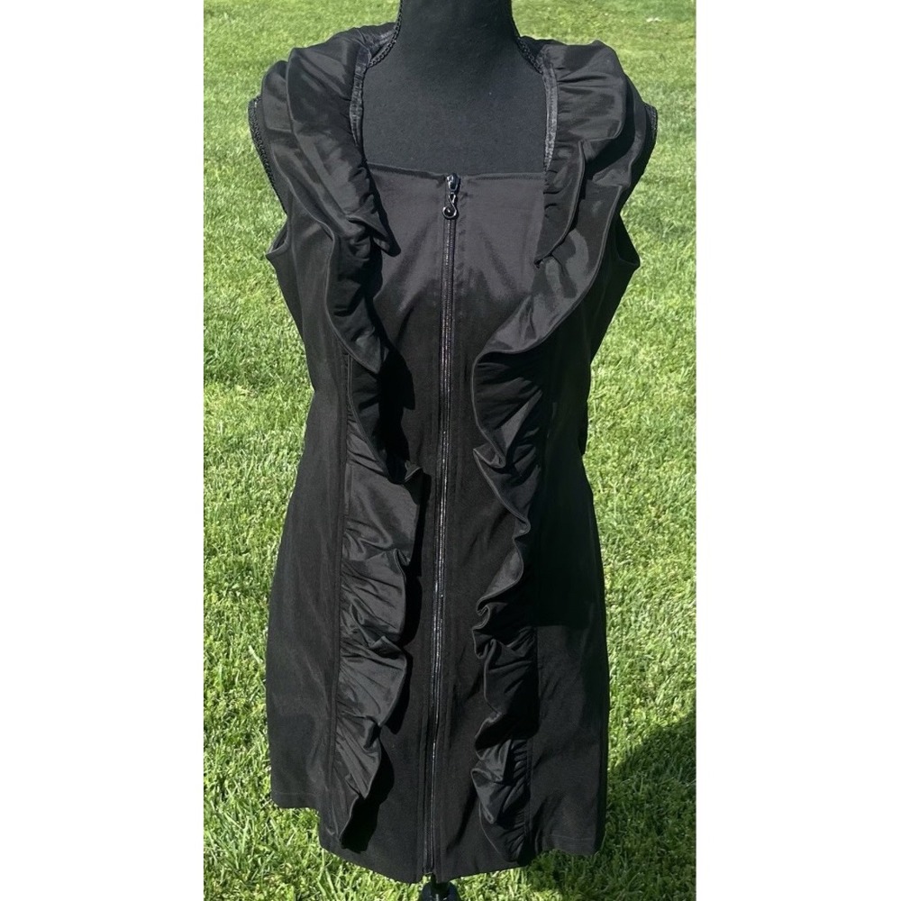 Samuel Dong Sleeveless Black Dress Ruffle Detail Zip Front Fitted Party Medium